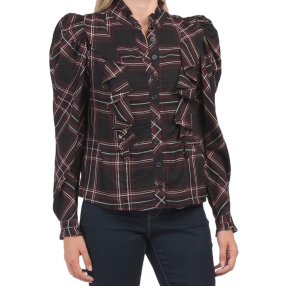 Rachel Rachel Roy New Size S Plaid Ruffle Puff Shoulder Button Up Blouse Top